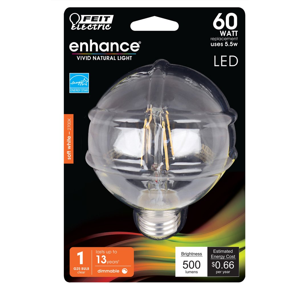 Feit Electric BPG2560/927CA/FIL 5.5W G25 Soft White LED Light Bulb