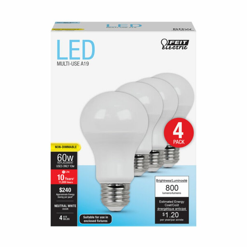 Feit Electric A800/835/10KLED/4 8.5W A19 White LED Light Bulb