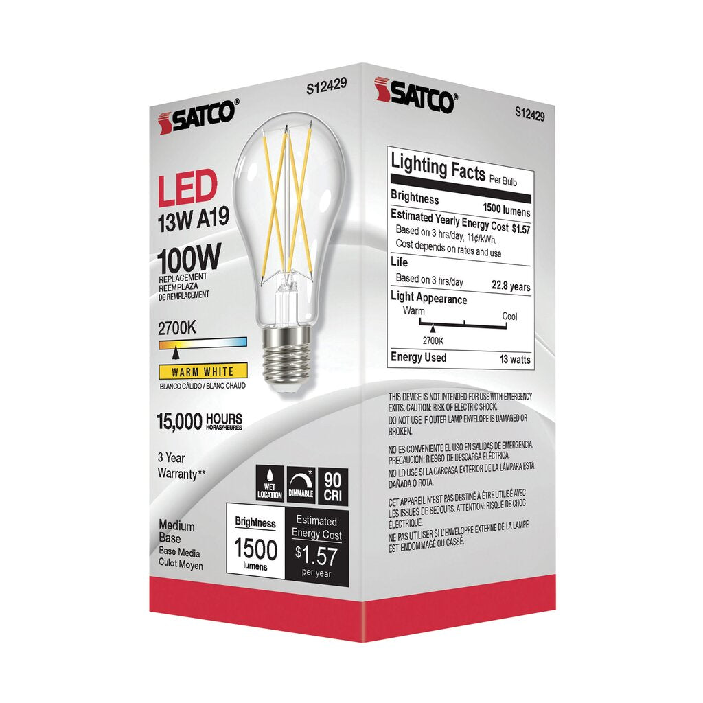 Satco S12429 12.5W A19 Warm White LED Light Bulb