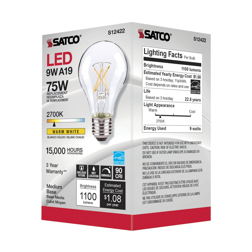 Satco S12422 10.5W A19 Warm White LED Light Bulb