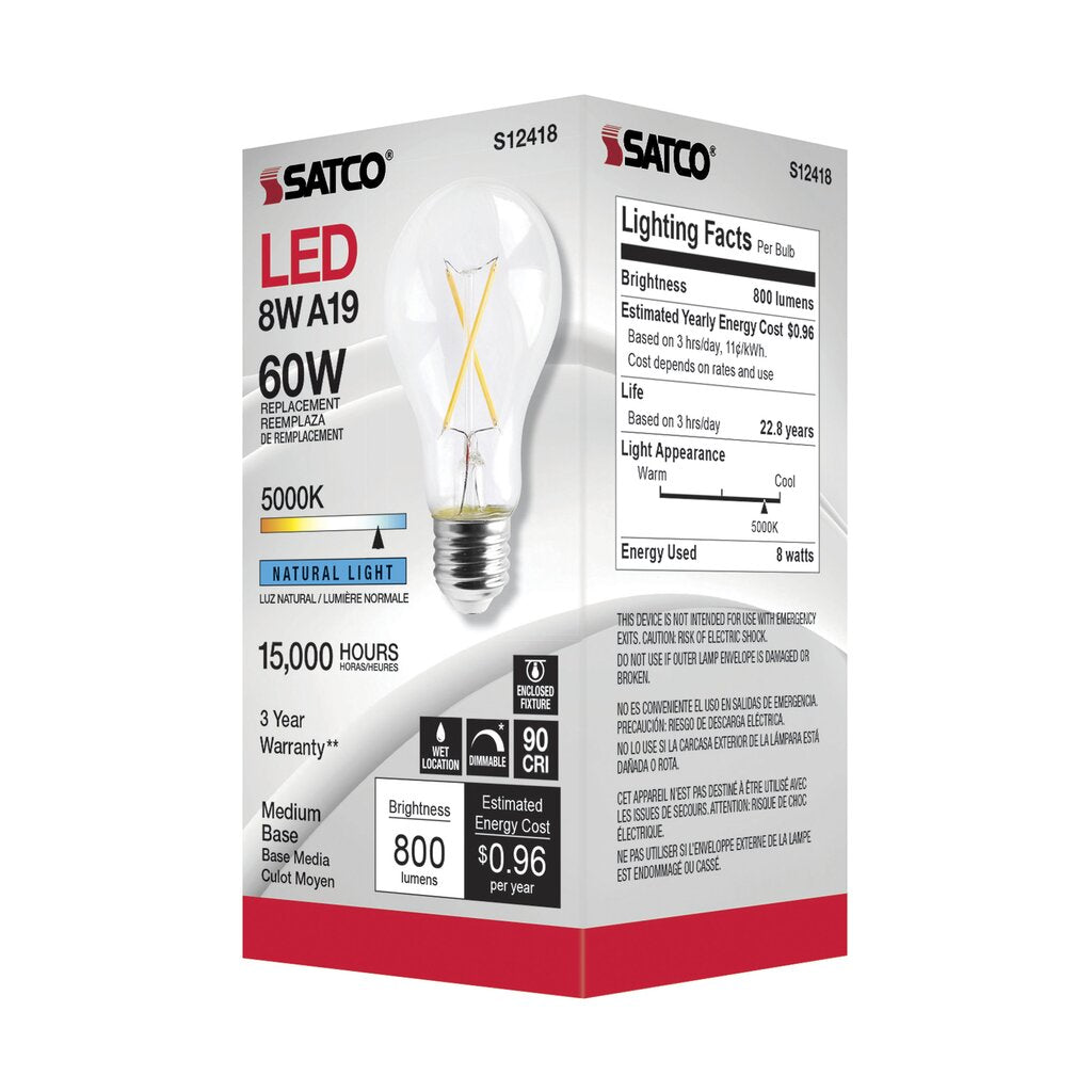 Satco S12418 8W A19 5000K LED Light Bulb