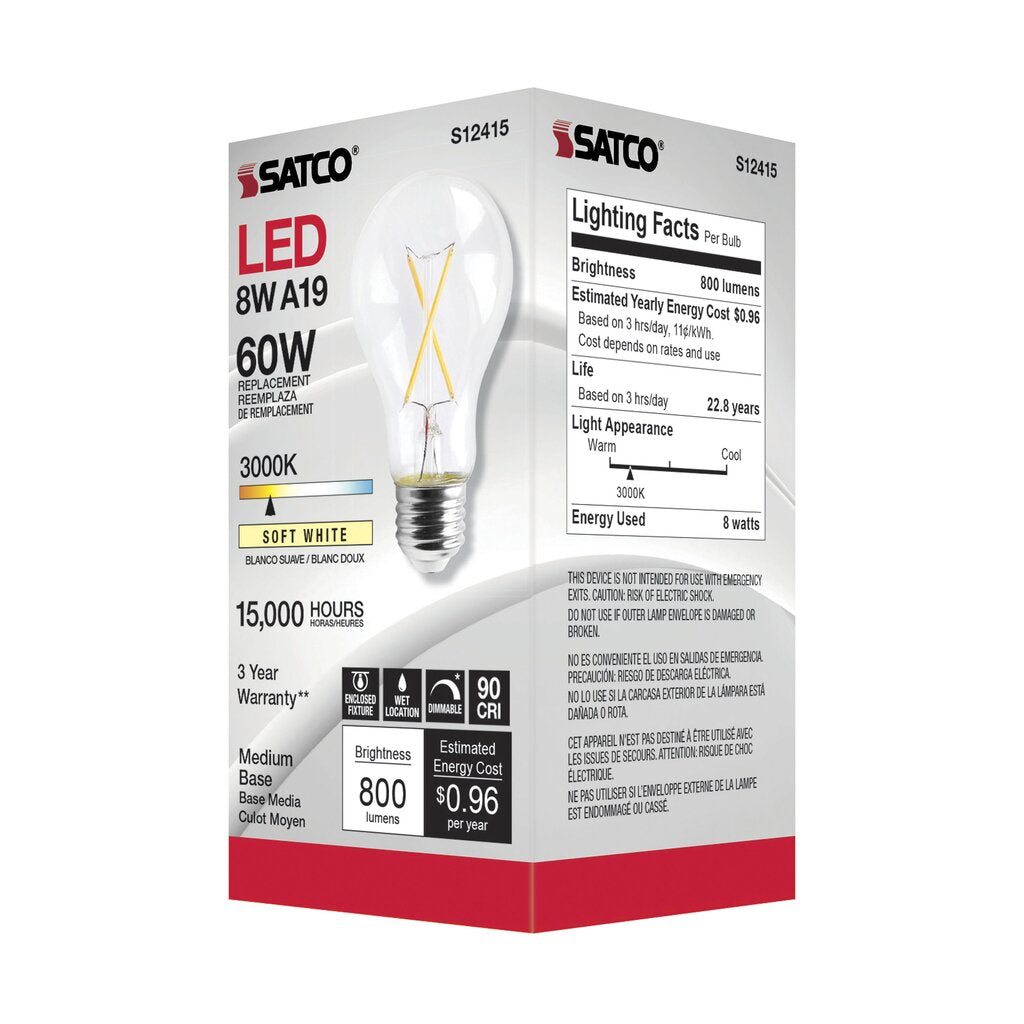 Satco S12415 8W A19 LED Light Bulb