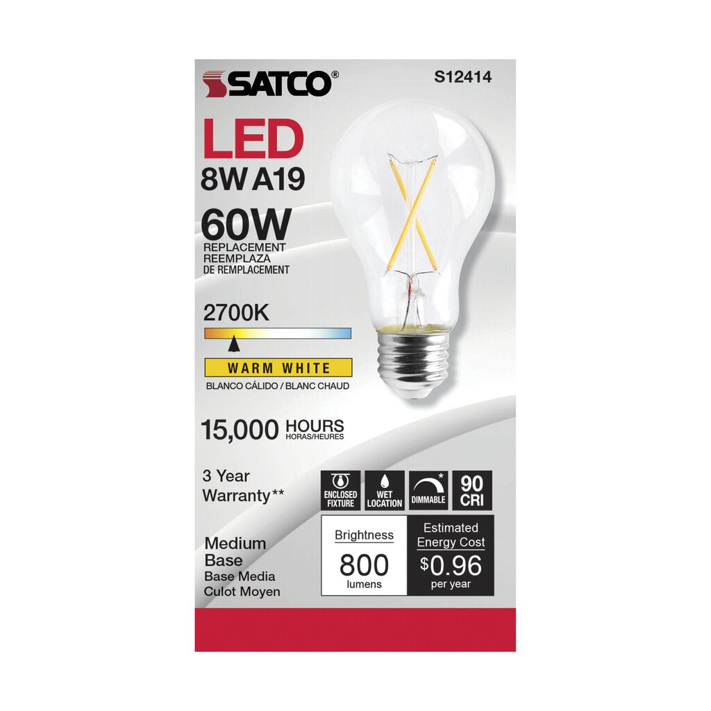 Satco S12414 8W A19 LED Light Bulb