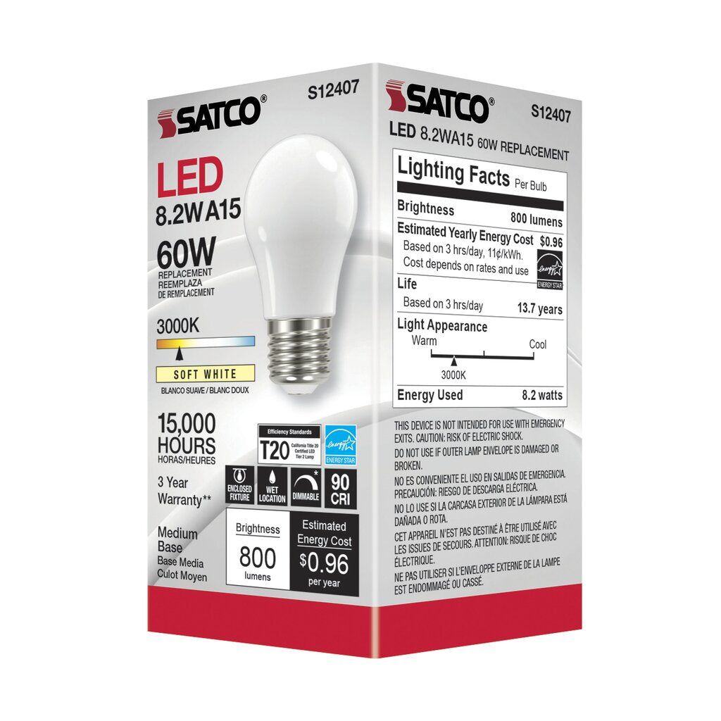 Satco S12407 8.2W A15 Soft White LED Light Bulb