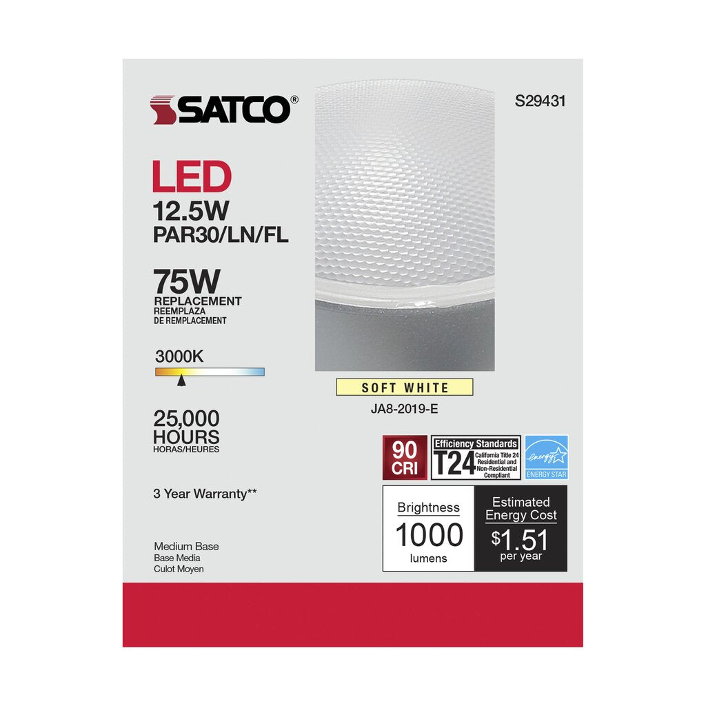 Satco S29431 12.5W PAR30 Long Soft White LED Light Bulb