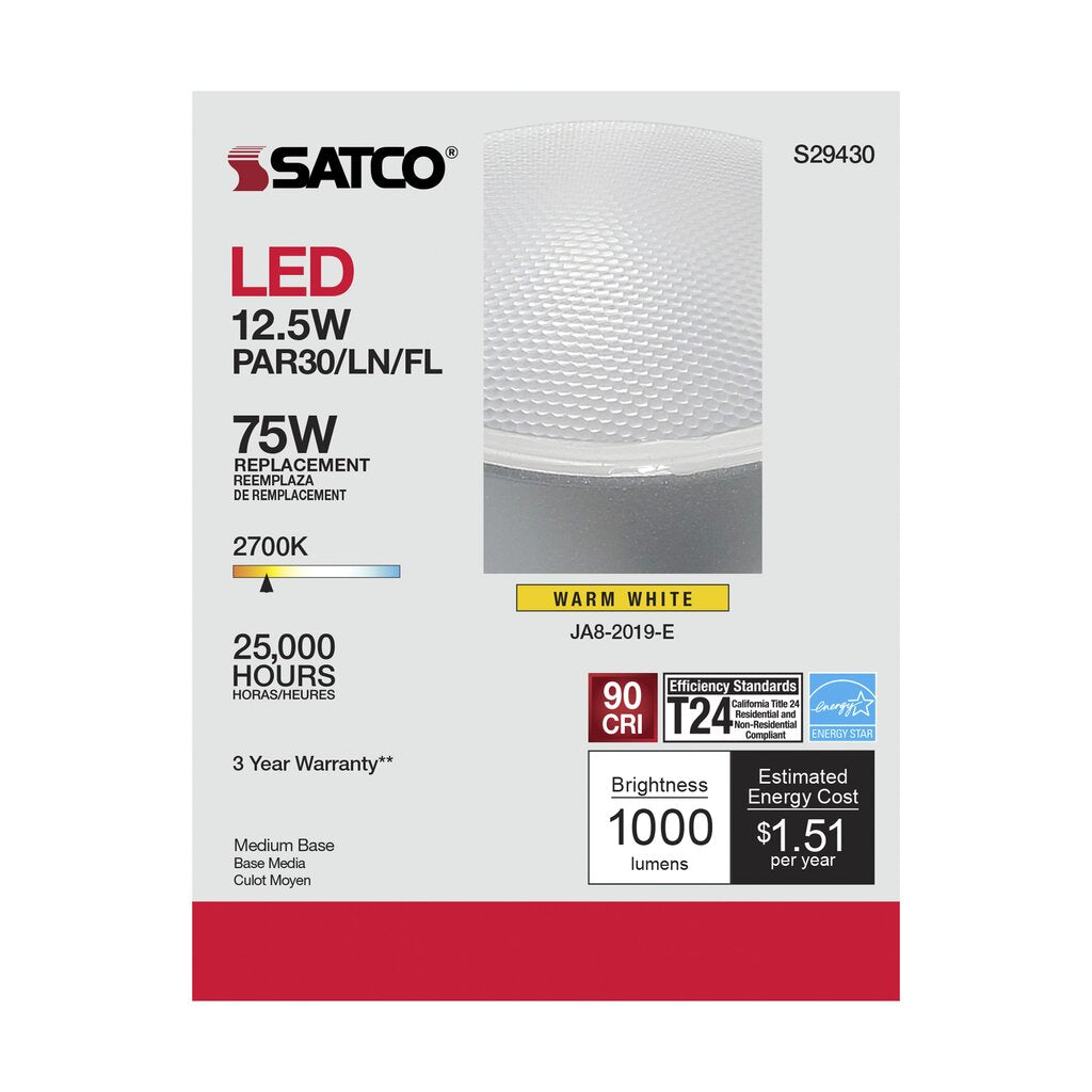 Satco S29430 12.5W PAR30 Long Warm White LED Light Bulb