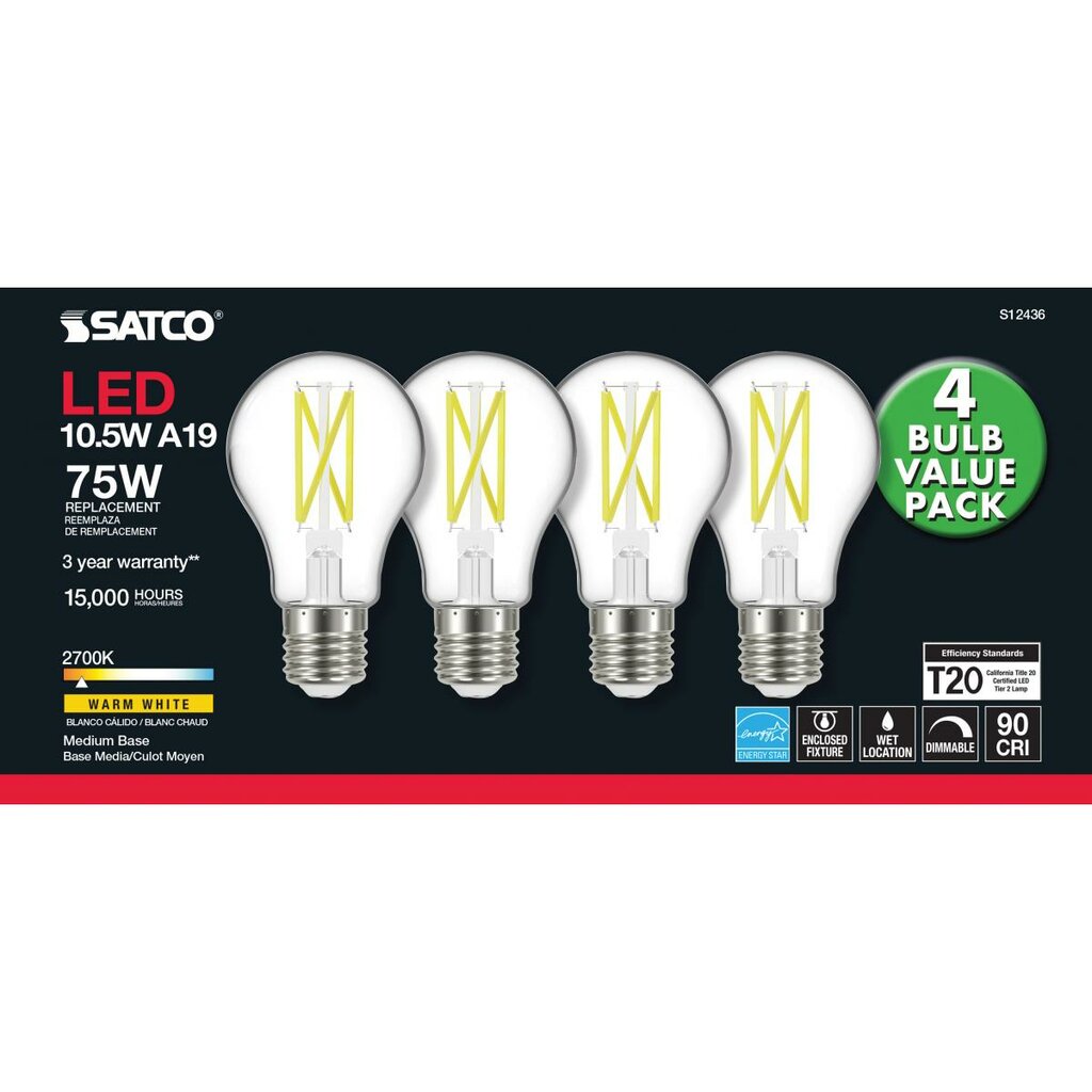 Satco S12436 10.5W A19 LED Light Bulb