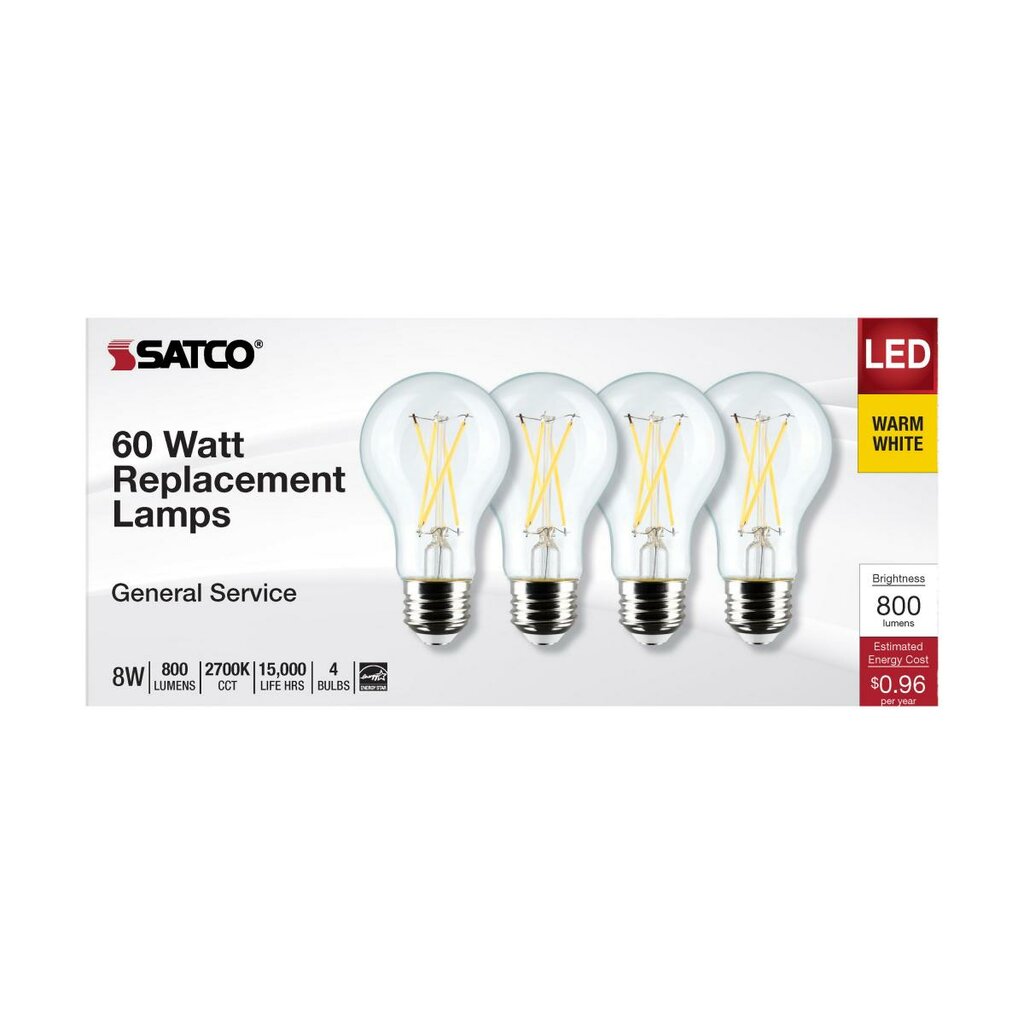 Satco S12462 8W A19 Warm White LED Light Bulb