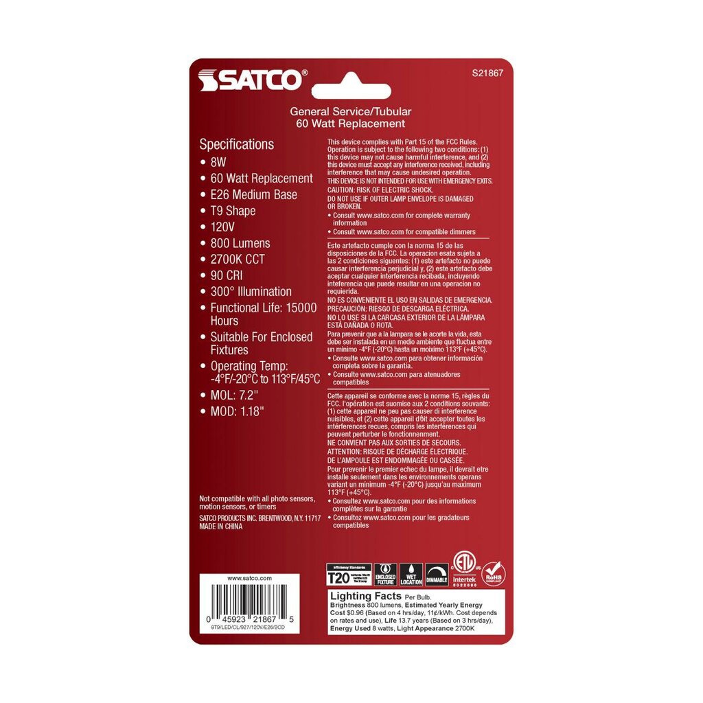 Satco S21867 8W T9 LED Light Bulb