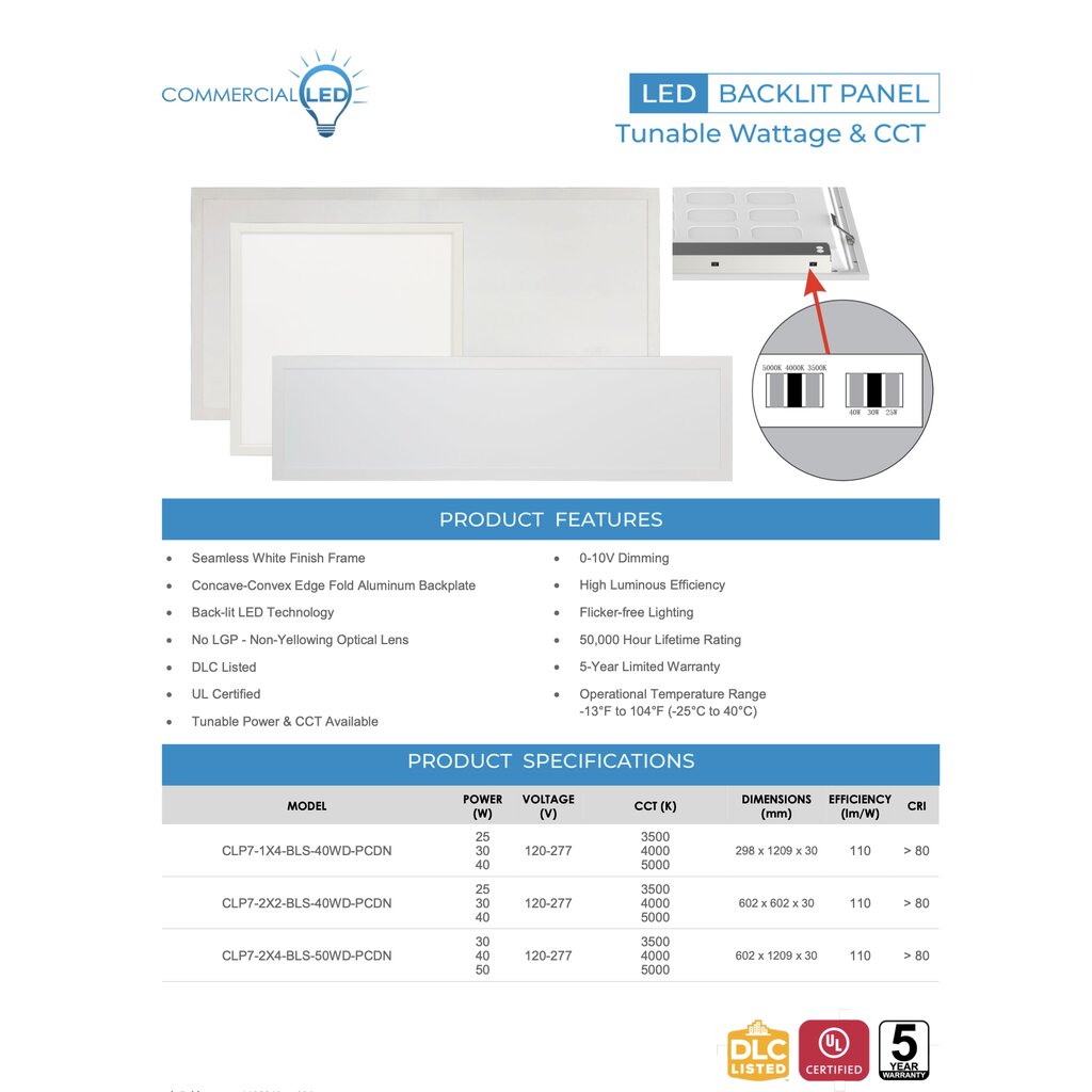 L2X2BTUNCLP7 25W/30W/40W LED Back Lit Flat Panel Dimmable Fixture 2FT