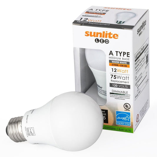 12 pack - Sunlite 88308-SU 12W A19 Super White LED Light Bulb