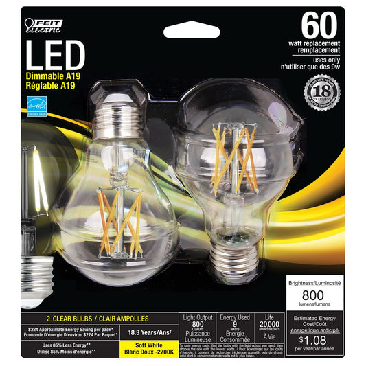 Feit Electric A1960/CL/LED/2 9W A19 Soft White LED Light Bulb