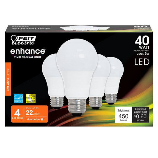 Feit Electric OM40DM/927CA/4 5W A19 Soft White LED Light Bulb