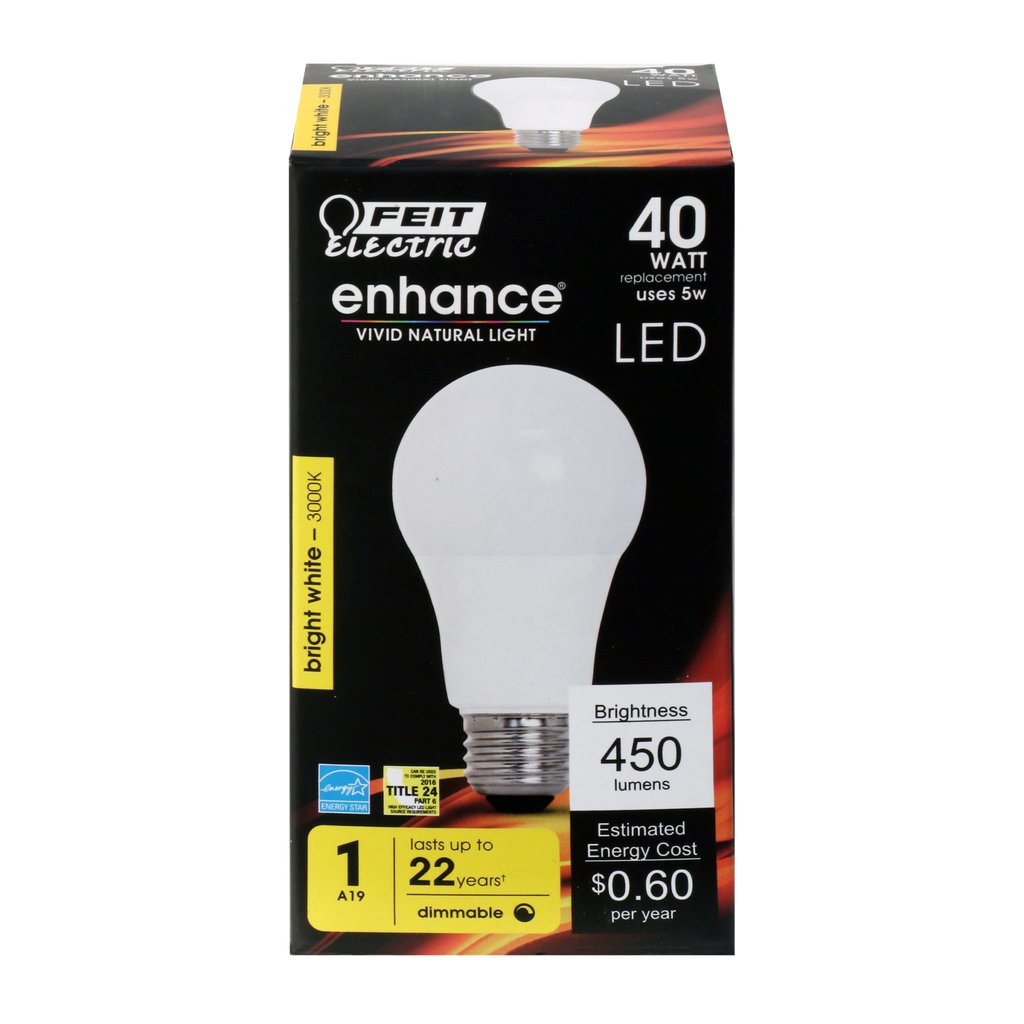 Feit Electric OM40DM/930CA 5W A19 Bright White LED Light Bulb