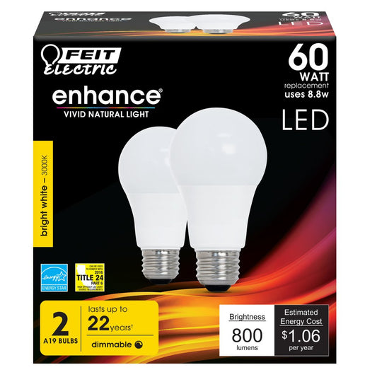 Feit Electric OM60DM/930CA/2 8.8W A19 Bright White LED Light Bulb
