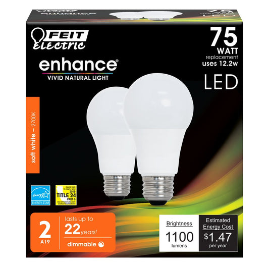 2 pack - Feit Electric OM75DM/927CA/2 12.2W A19 Soft White LED
