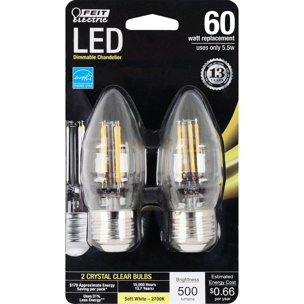 Feit Electric BPETC60927CAFIL/2/RP 5.5W B8 Warm White LED Light Bulb