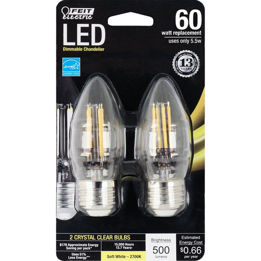 Feit Electric BPETC60927CAFIL/2/RP 5.5W B8 Warm White LED Light Bulb