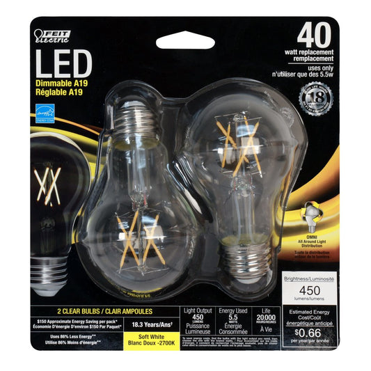 Feit Electric A1940/CL/LED/2 5.5W A19 LED Light Bulb