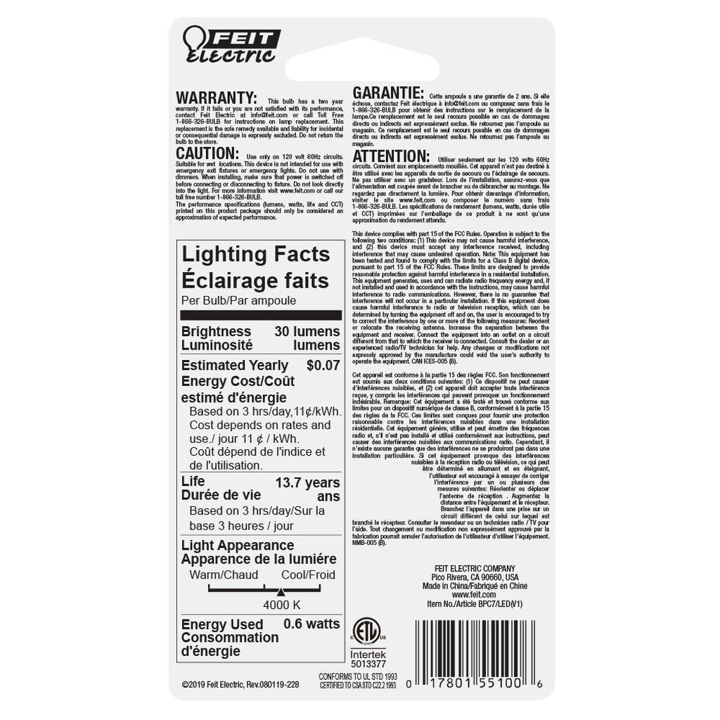 Feit Electric BPC7/LED 0.6W C7 White LED Light Bulb