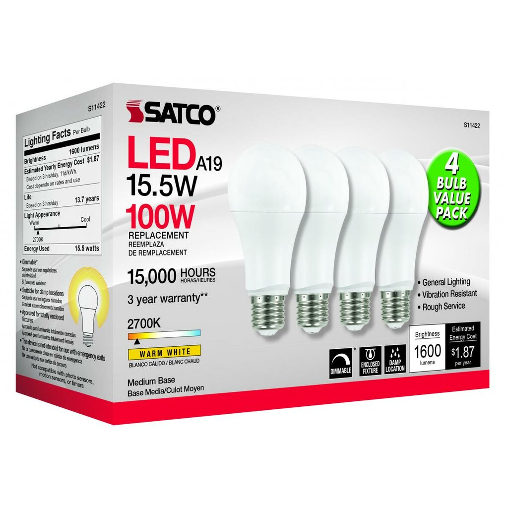 Satco S11422 14W A19 Warm White LED Light Bulb
