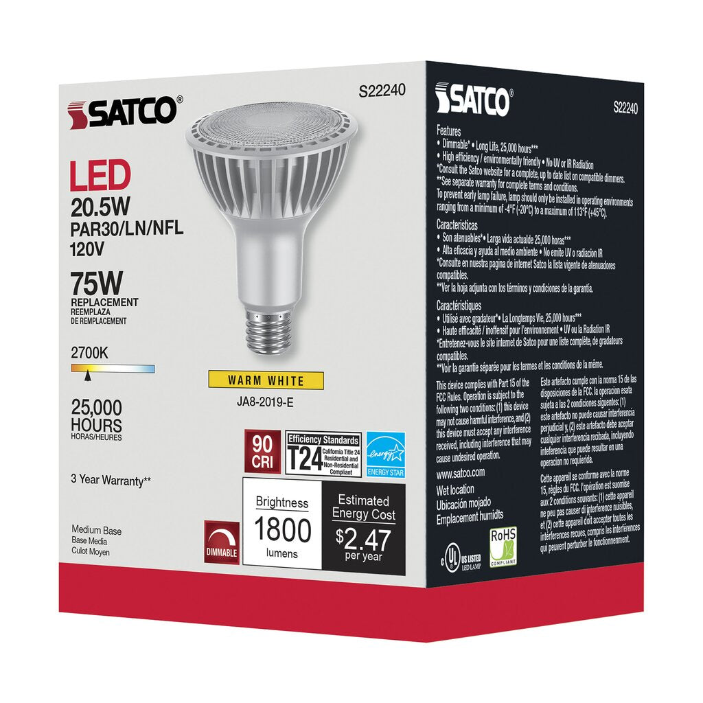 Satco S22240 20.5W PAR30 Long Warm White LED Light Bulb