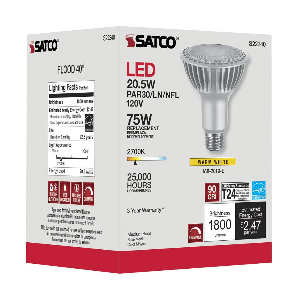 Satco S22240 20.5W PAR30 Long Warm White LED Light Bulb