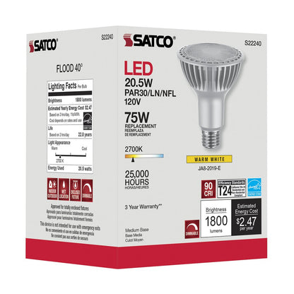 Satco S22240 20.5W PAR30 Long Warm White LED Light Bulb