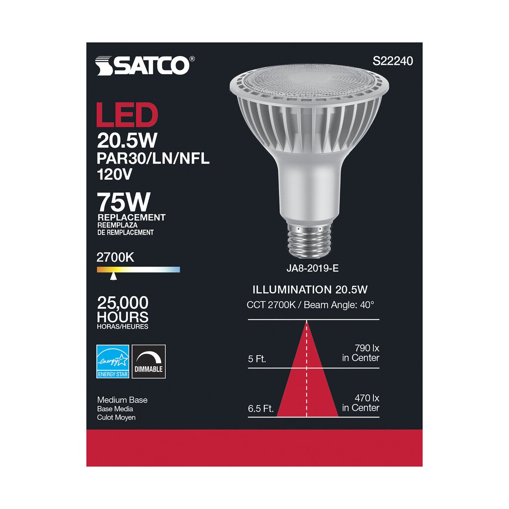 Satco S22240 20.5W PAR30 Long Warm White LED Light Bulb