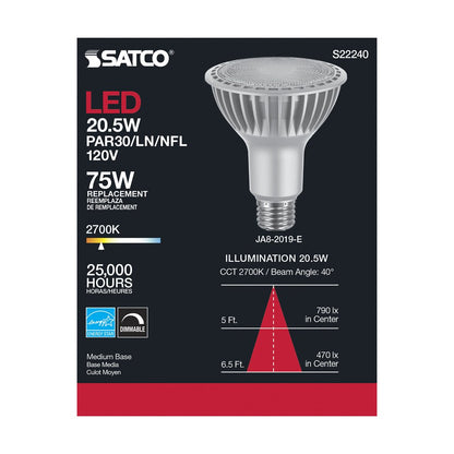 Satco S22240 20.5W PAR30 Long Warm White LED Light Bulb