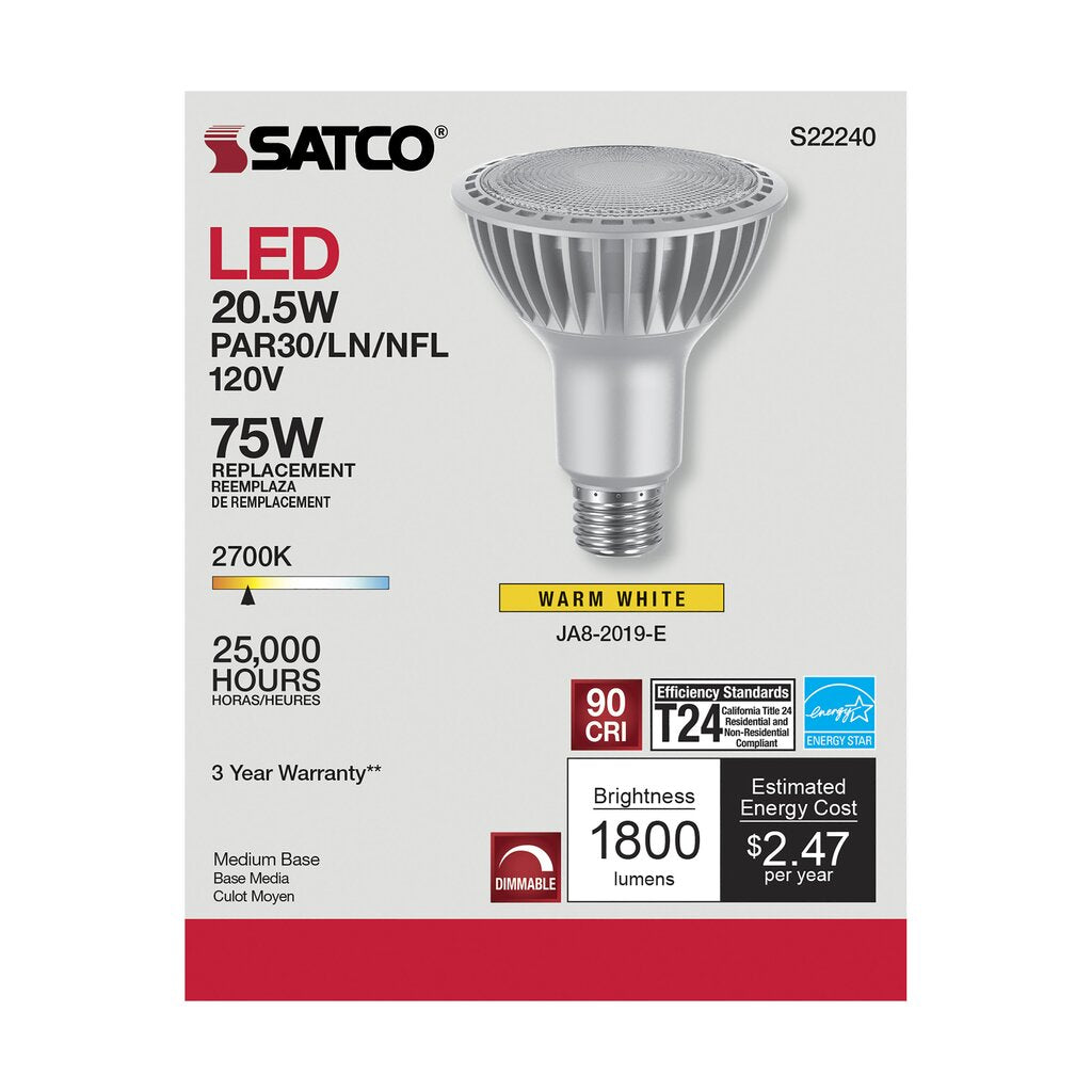 Satco S22240 20.5W PAR30 Long Warm White LED Light Bulb