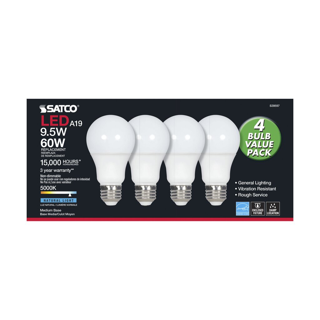 Satco S39597 - 4 pack 9.5W A19 daylight LED Light Bulb