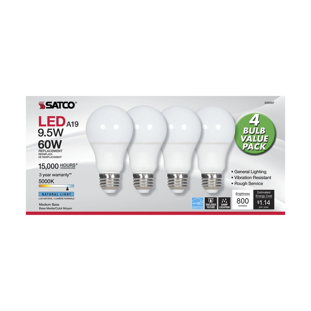 Satco S39597 - 4 pack 9.5W A19 daylight LED Light Bulb