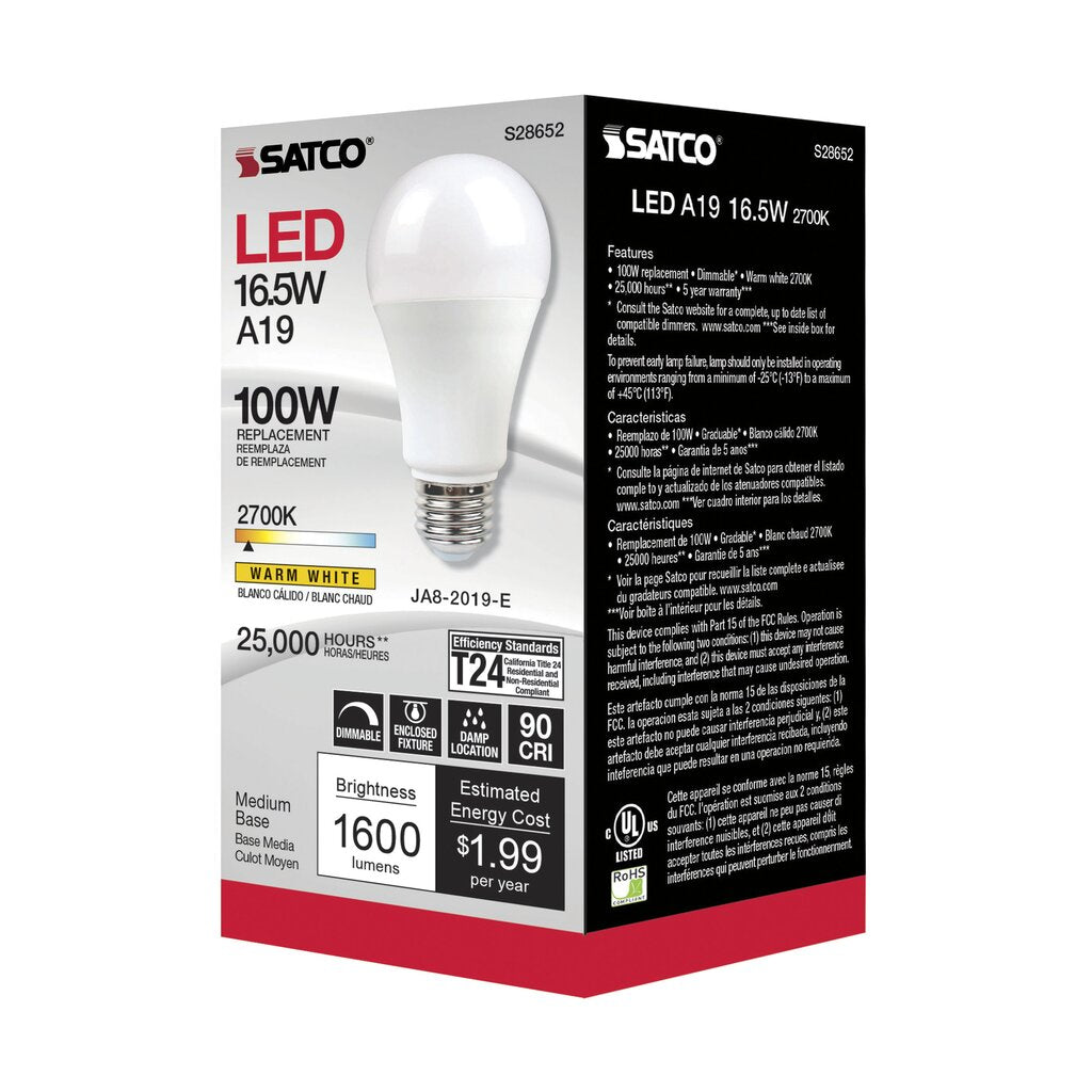 Satco S28652 16.5W A19 Warm White LED Light Bulb