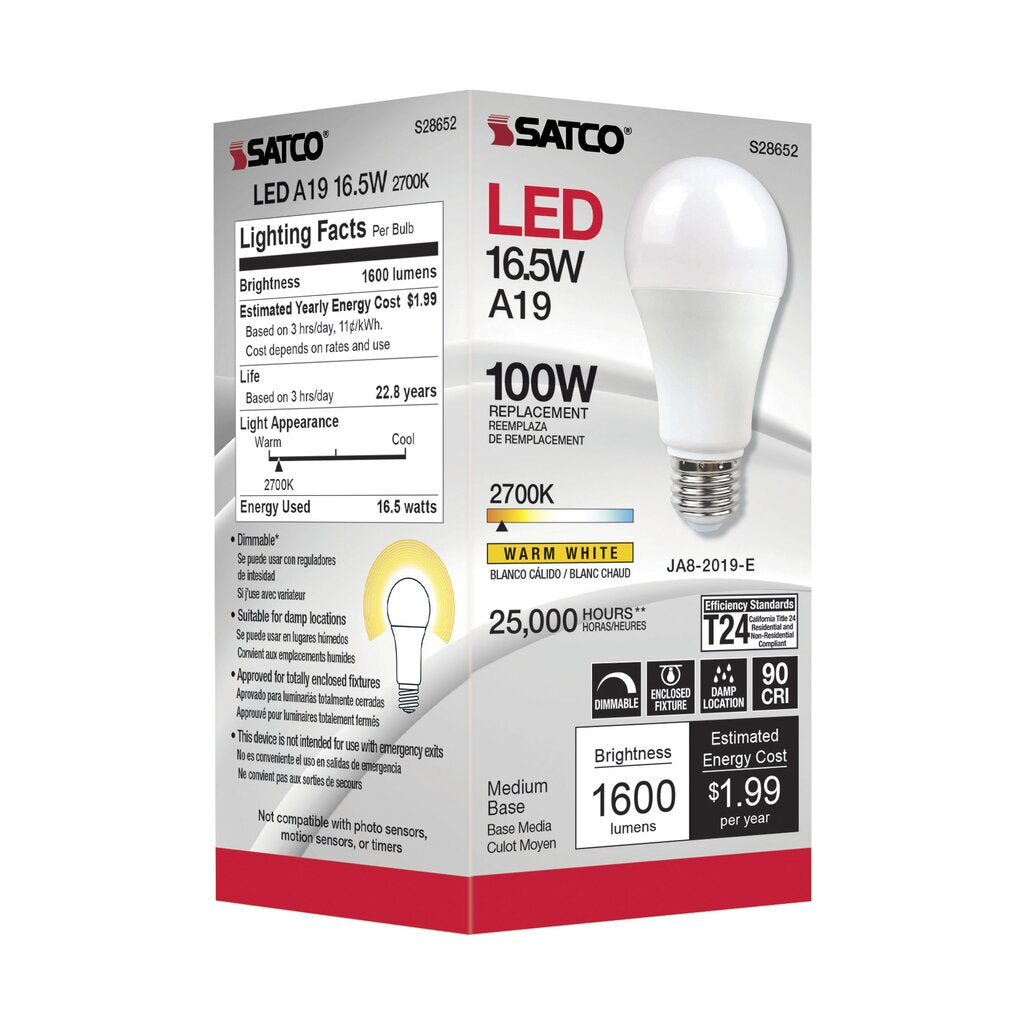 Satco S28652 16.5W A19 Warm White LED Light Bulb