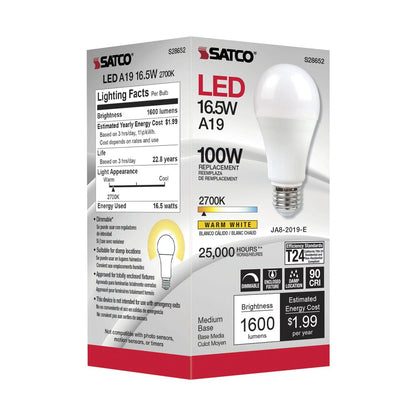 Satco S28652 16.5W A19 Warm White LED Light Bulb