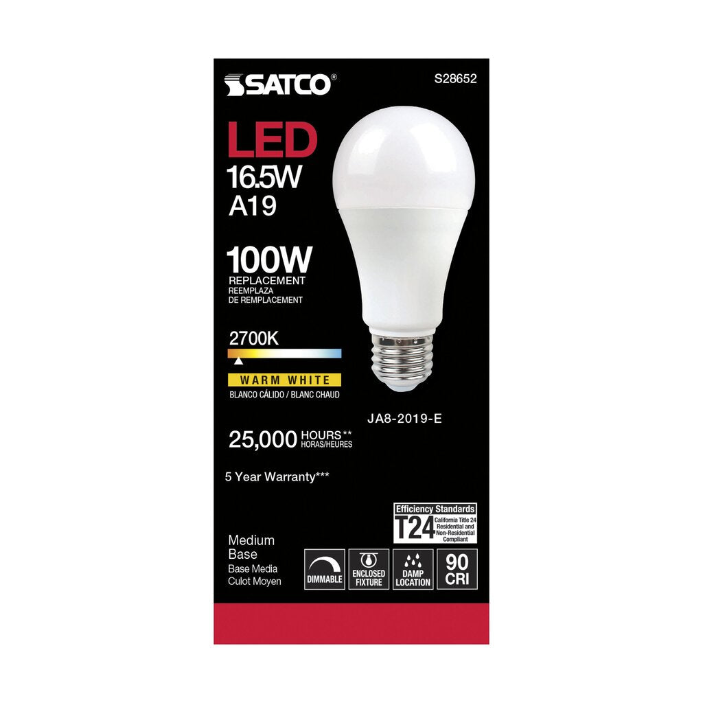 Satco S28652 16.5W A19 Warm White LED Light Bulb