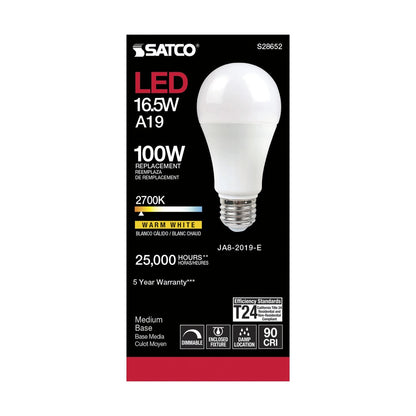 Satco S28652 16.5W A19 Warm White LED Light Bulb