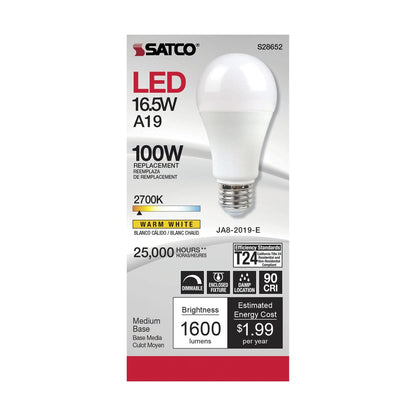Satco S28652 16.5W A19 Warm White LED Light Bulb