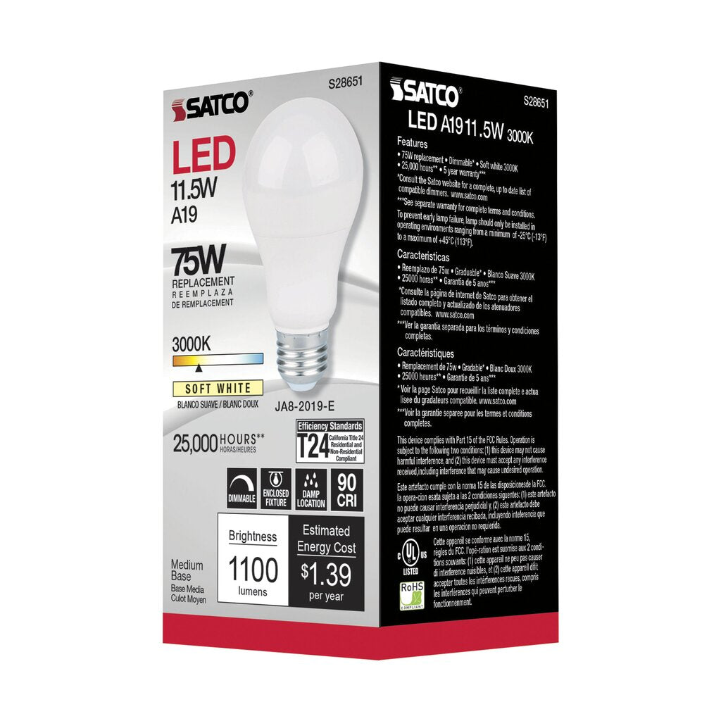 Satco S28651 11.5W A19 LED Light Bulb