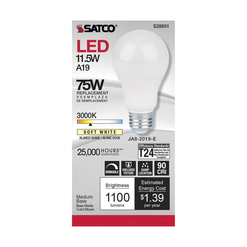 Satco S28651 11.5W A19 LED Light Bulb
