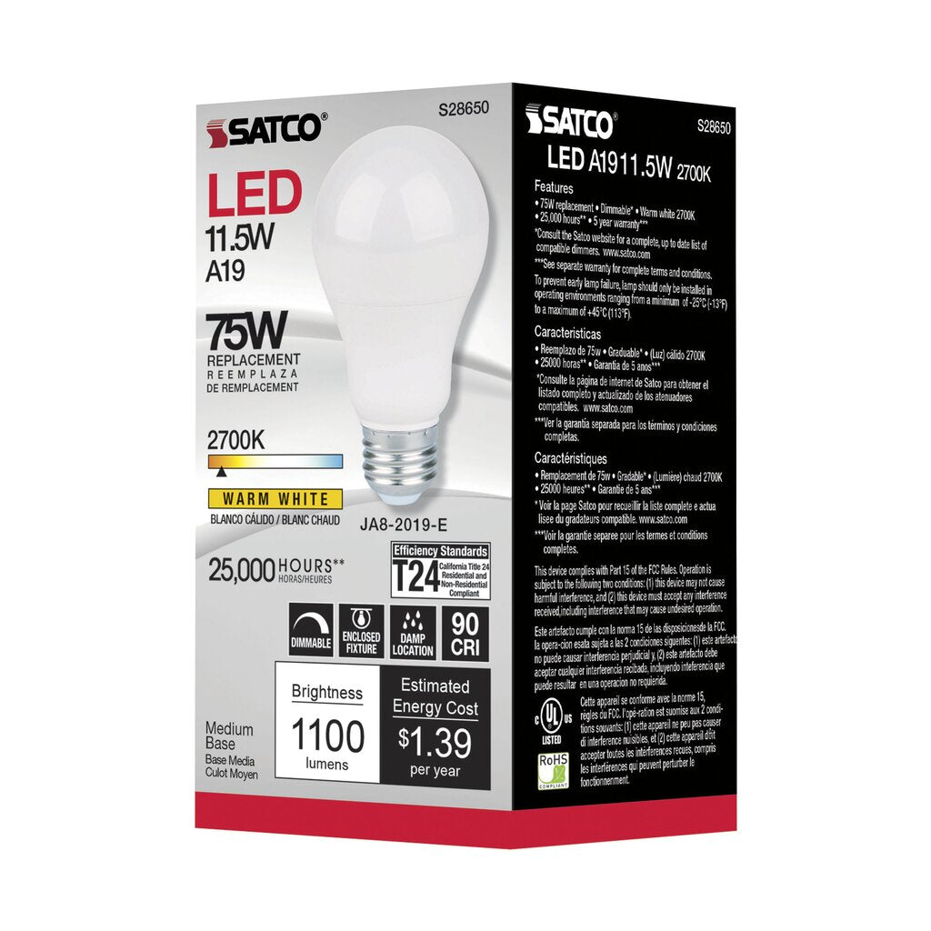 Satco S28650 11.5W A19 LED Light Bulb
