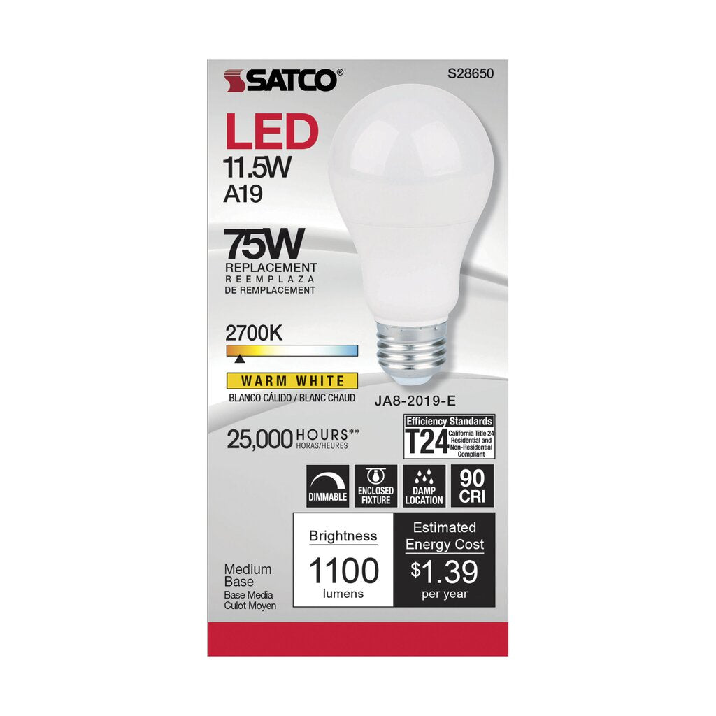 Satco S28650 11.5W A19 LED Light Bulb