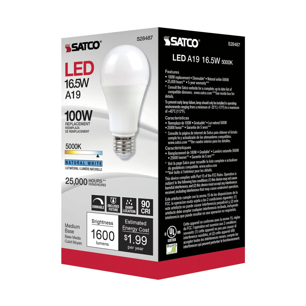 Satco S28487 16.5W A19 LED Light Bulb