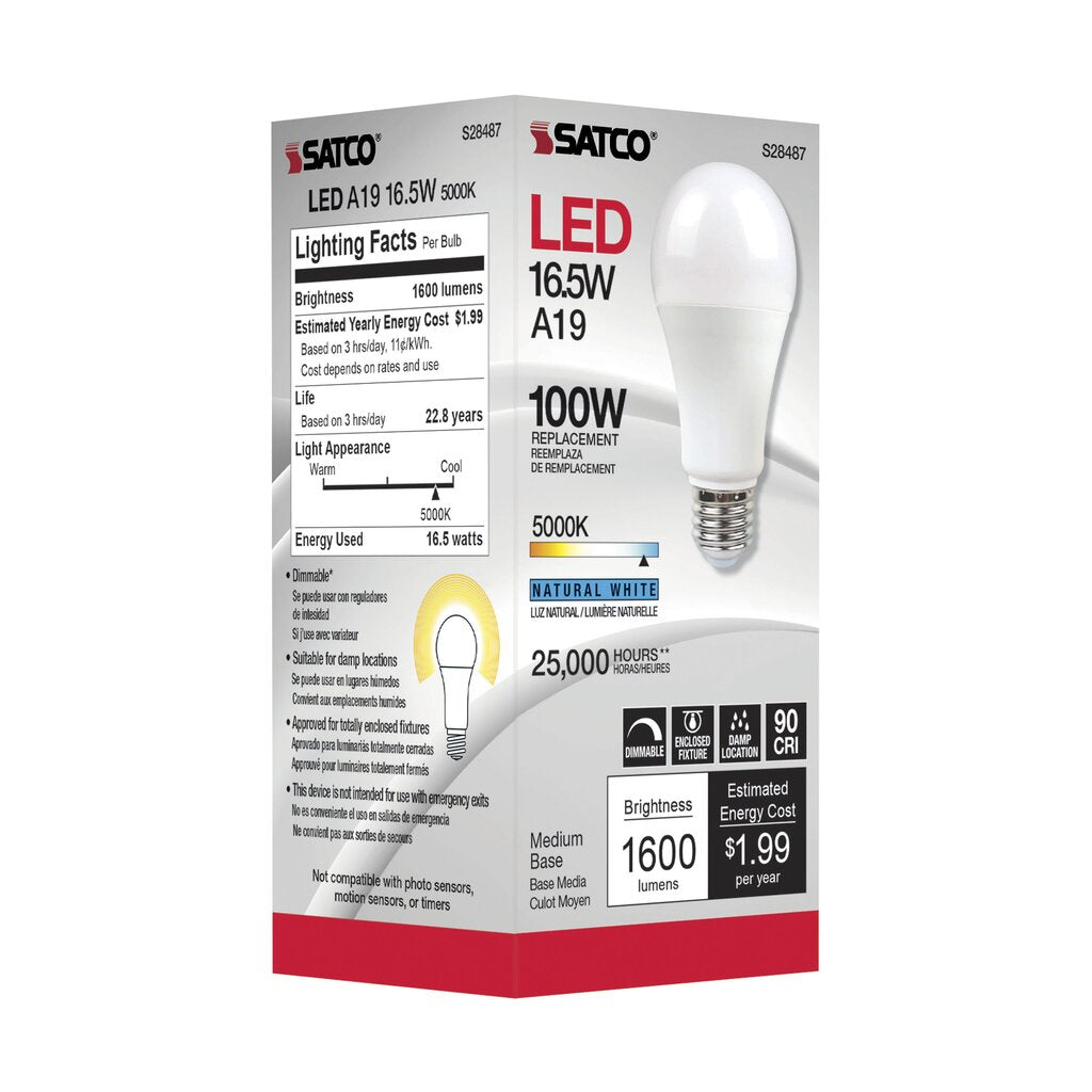Satco S28487 16.5W A19 LED Light Bulb