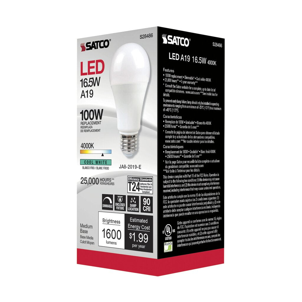Satco S28486 16.5W A19 LED Light Bulb