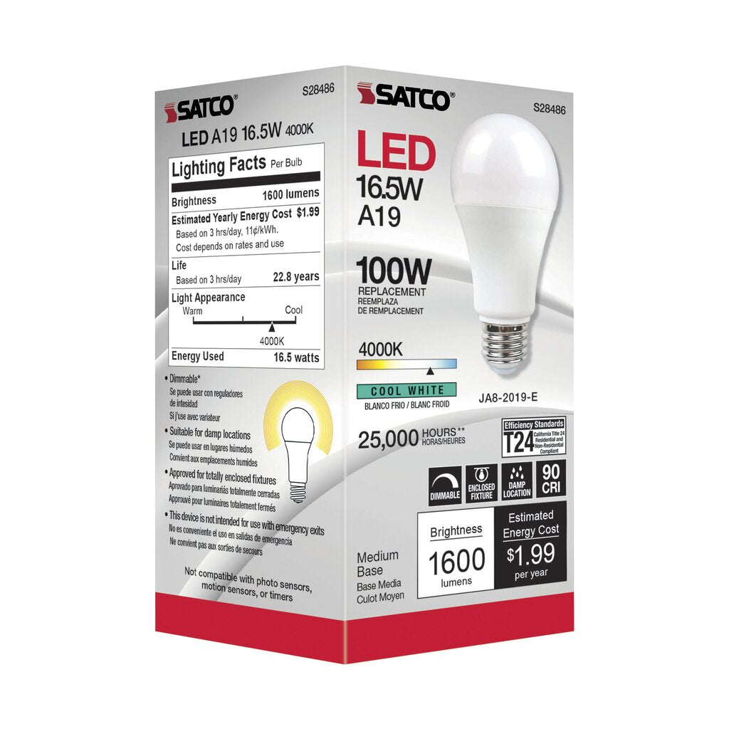 Satco S28486 16.5W A19 LED Light Bulb