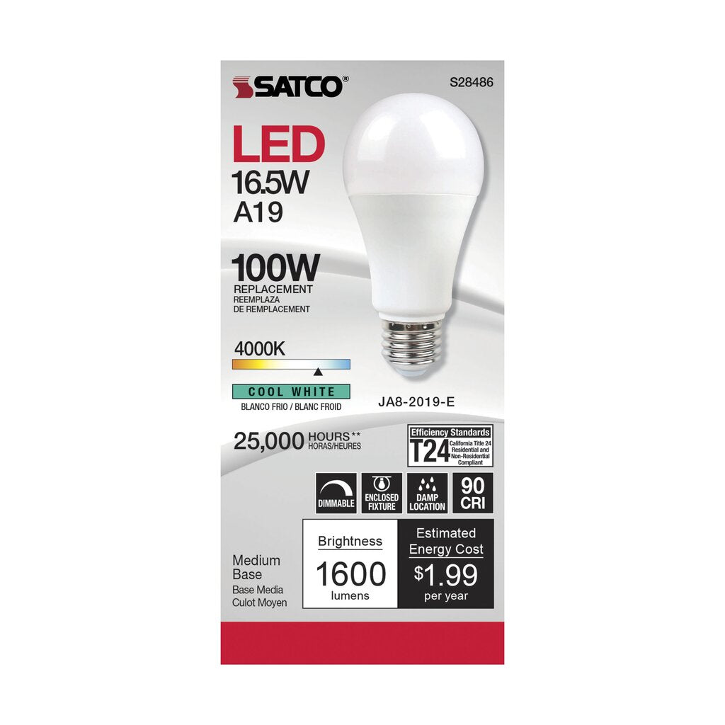 Satco S28486 16.5W A19 LED Light Bulb