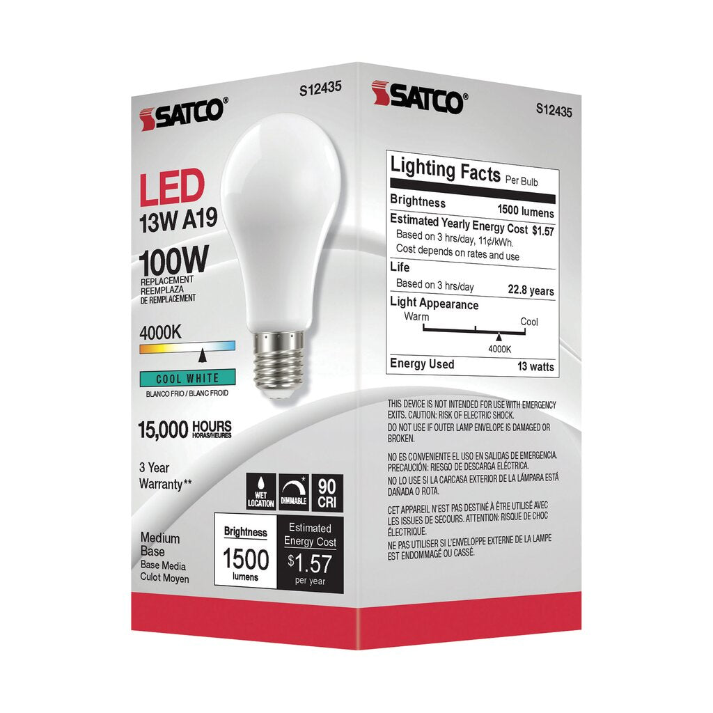 Satco S12435 13.5W A19 LED Light Bulb