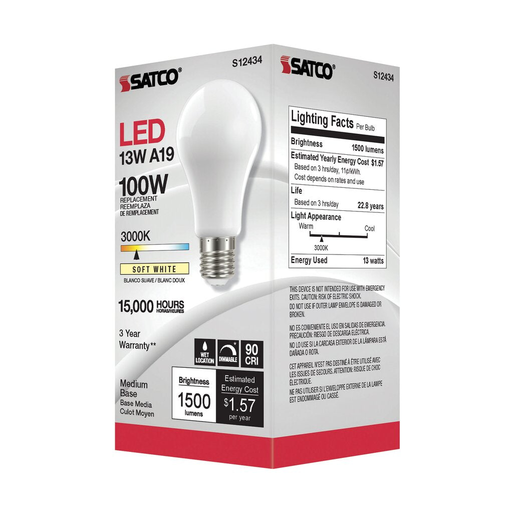 Satco S12434 13.5W A19 LED Light Bulb